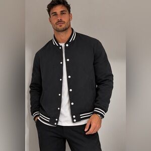 Men's Black Varsity Bomber Jacket with Striped Ribbing